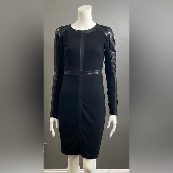 June Dresses & Skirts - June Long Sleeve Black dress w/Distinctive genuine leather trim detailing Size S